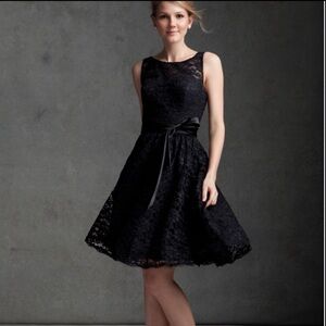 Mori Lee Black Lace A-Line Cocktail Dress with Satin Waist Tie